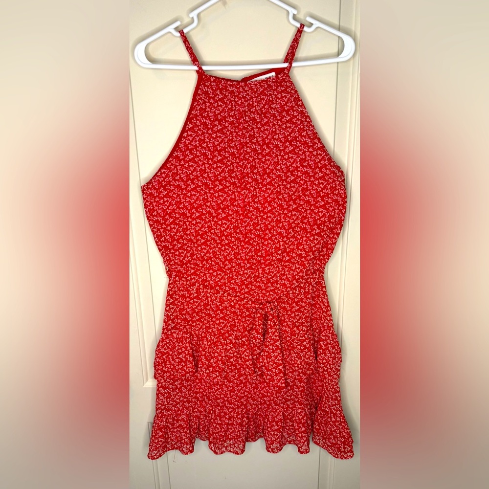 She + Sky Red Floral Mini Dress Line with Ruffles Size Medium
